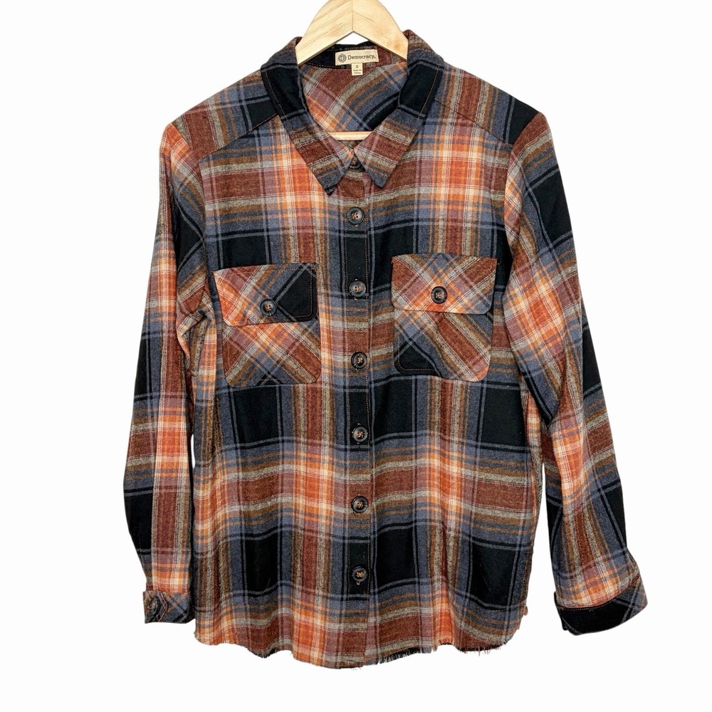 Democracy Plaid Flannel Shirt Womens Small Button Up Granola Girl Outdoor Earthy